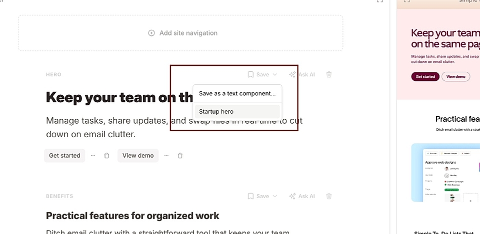 Screenshot from LandingRabbit and a Save button to store section-specific content for reuse and choose from previously stored