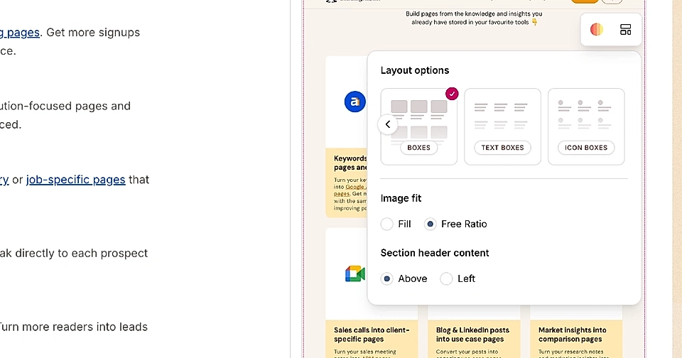 A layout options panel displaying choices for boxes, text boxes, and icon boxes for webpage design.