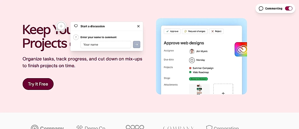 An example of a webpage with a commenting feature for design and text feedback
