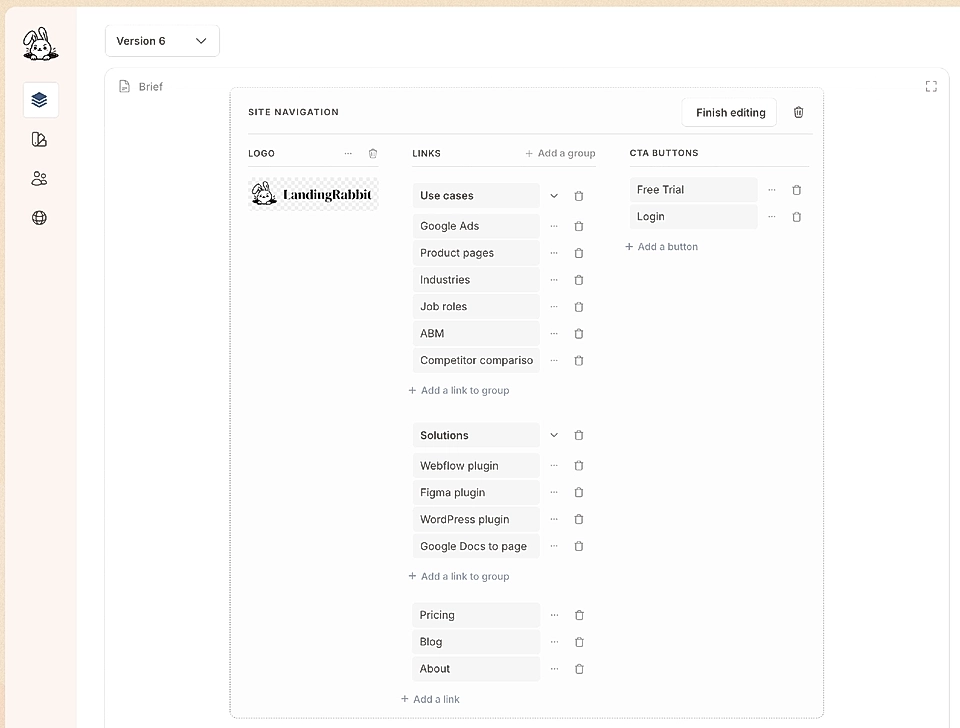 Screenshot of a website navigation editor featuring links, CTAs, and sections for logo, solutions, and pricing.