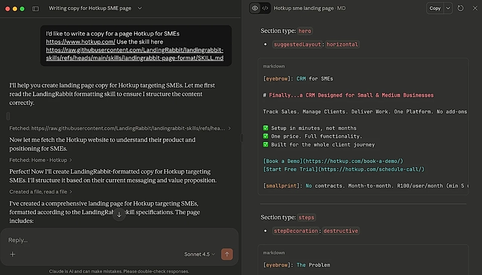 Screenshot of a digital workspace displaying copywriting for a landing page targeting SMEs for Hotkup CRM.