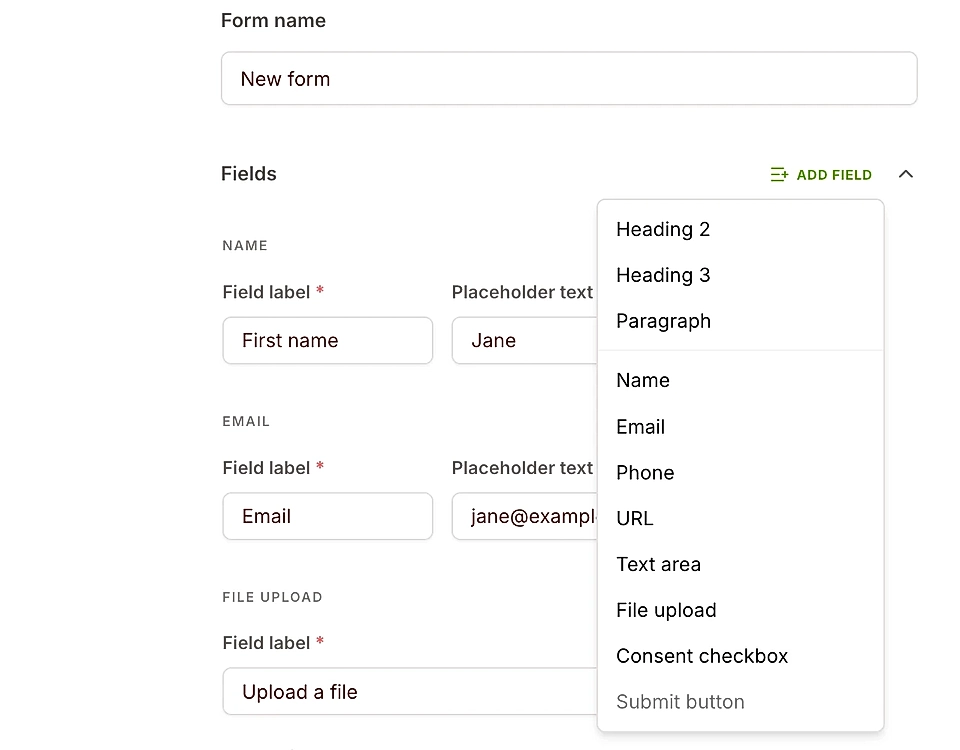 LandingRabbit Form builder interface with fields for name, email, file upload, and an add field dropdown menu