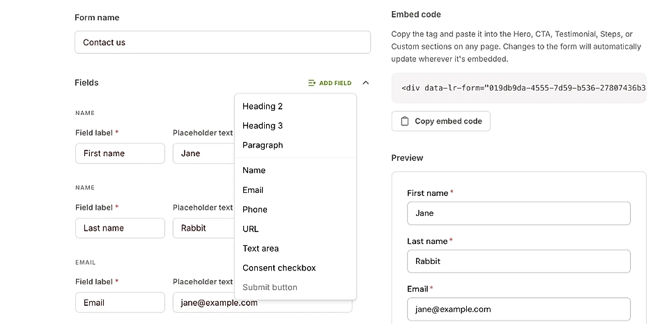 LandingRabbit form field options including headings, paragraph, name, email, phone, URL, text area, and consent checkbox
