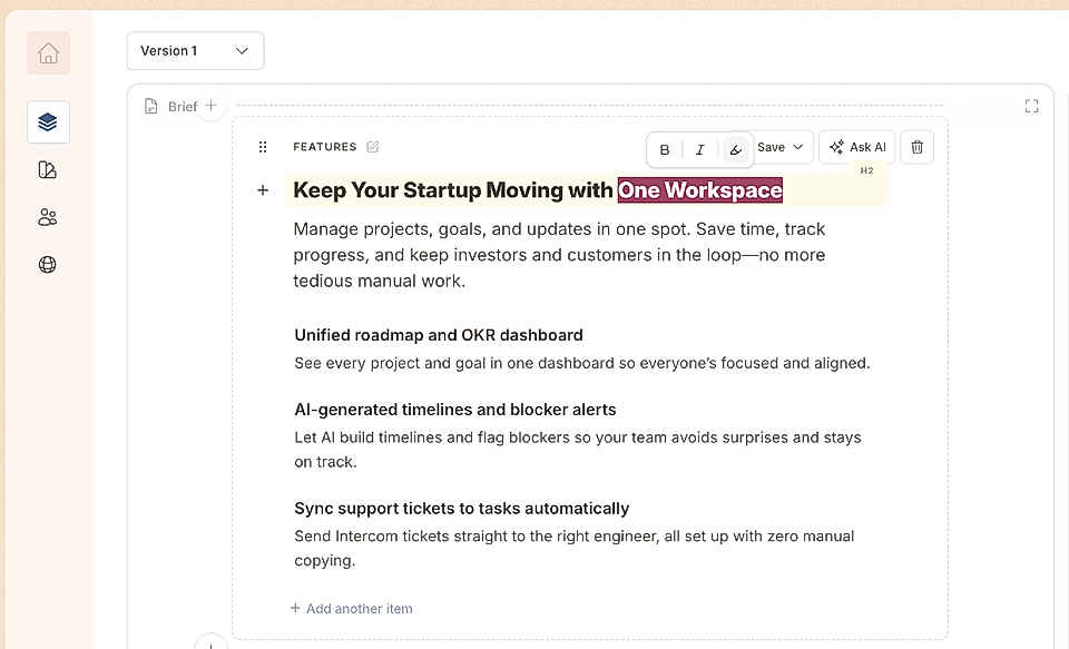 Screenshot of the LandingRabbit page editor and choosing a text to highlight