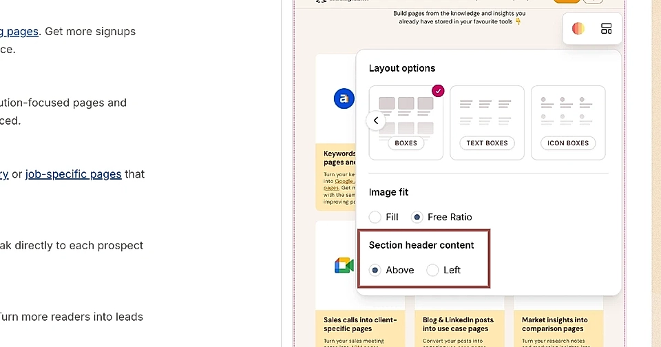 Layout options for a web page editor showing settings for section header content placement and image fit.