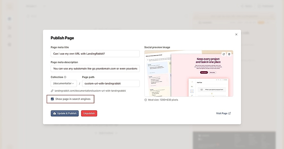 Screenshot of a web interface for publishing a page with fields for title, meta description, and SEO settings.