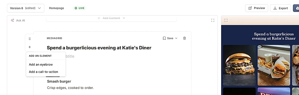 Add media grid section header with a title, subtitle, eyebrows, and CTA buttons