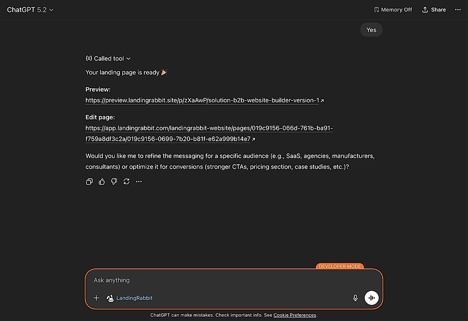 Screenshot of a ChatGPT interface displaying a landing page preview and editing options for a B2B website.