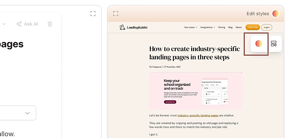 LandingRabbit's page editor and the Edit styles button in a blog article