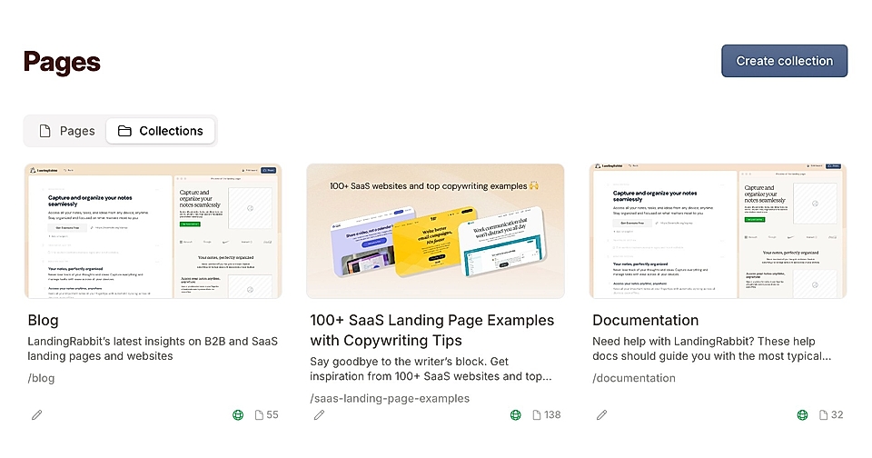 Screenshot of a SaaS platform showcasing pages for blog, landing page examples, and documentation with interaction stats.