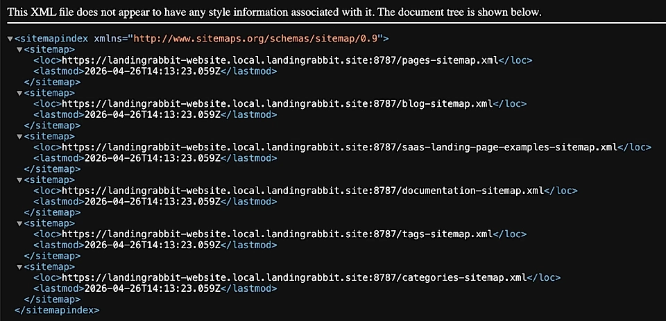 XML sitemap index file displaying multiple sitemap locations for a website.