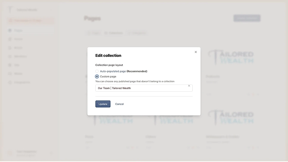 A custom Collection page editing view example with "Our Team" content selected