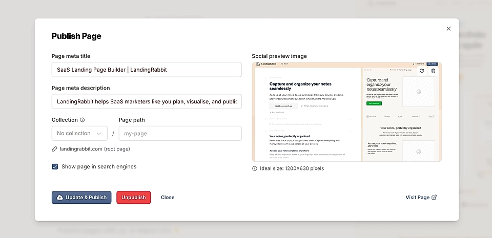 Screenshot of a page publishing interface, showcasing meta title, description, and social preview image settings.