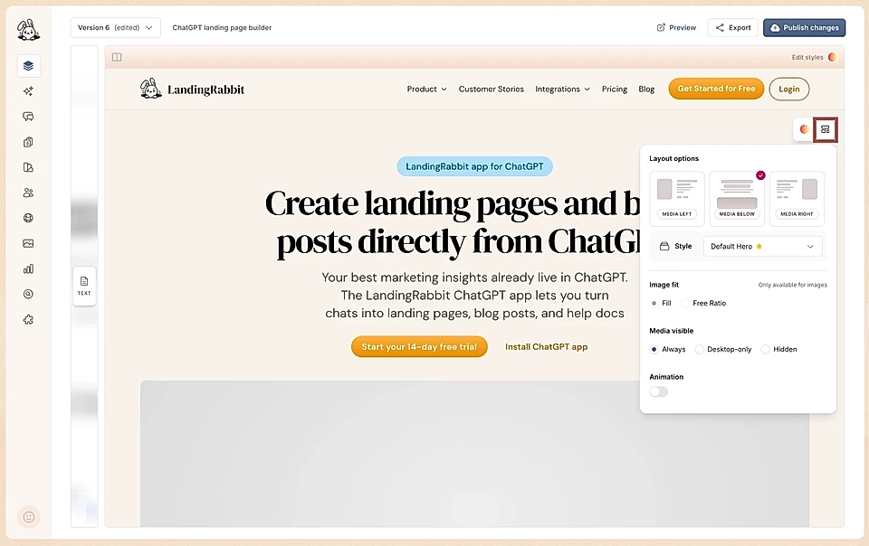 Edit layout options on top of the page preview