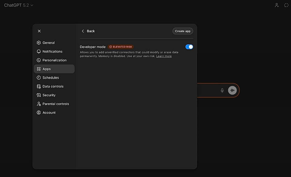 ChatGPT interface displaying developer mode settings with options for personalization and app creation.