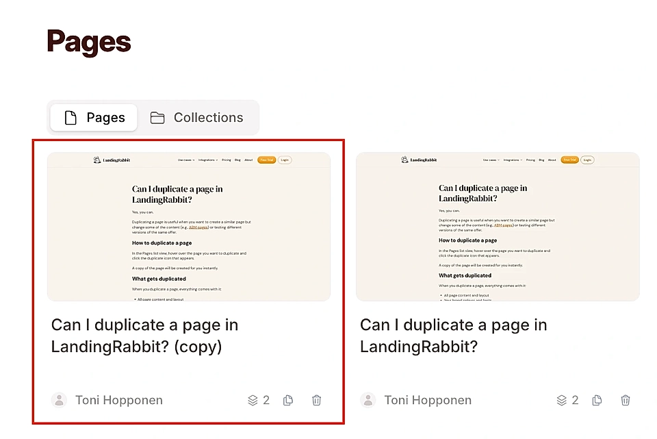A screenshot displaying two pages titled "Can I duplicate a page in LandingRabbit?" with author details.