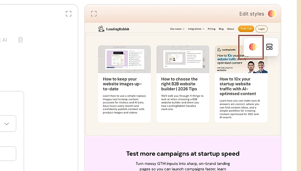 Screenshot of LandingRabbit page editor showing editing styles icon for the Feed section