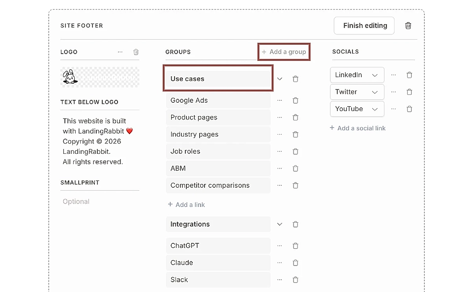 Screenshot of a website footer editing interface, displaying sections for logo, groups, and social links.