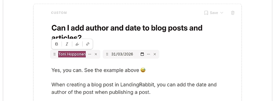 LandingRabbit page editor and linking the author to another page on your site