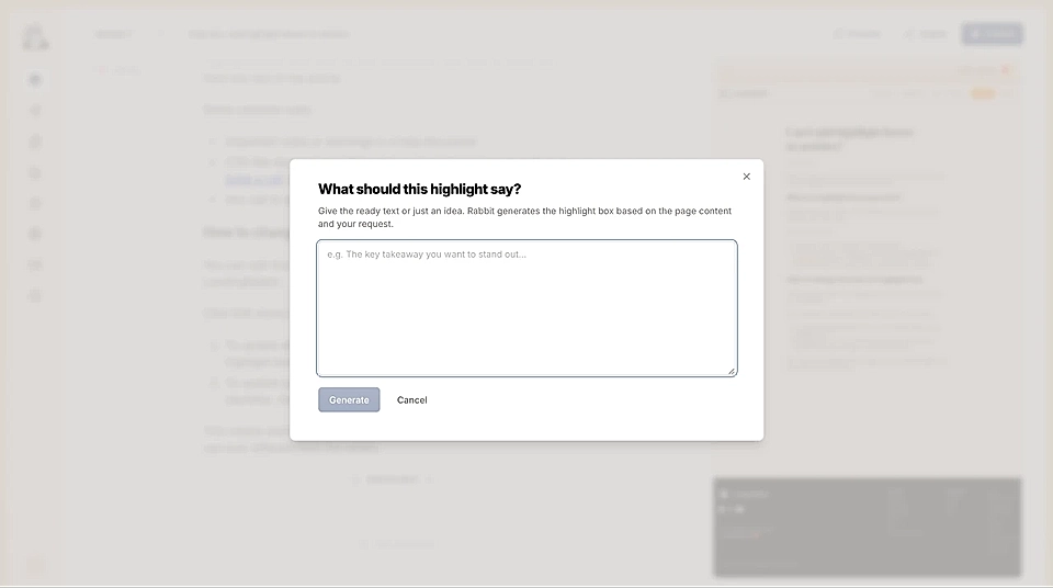 A popup asking “What should this highlight say?”. The popover generates the highlight box content based on the idea or ready copy text