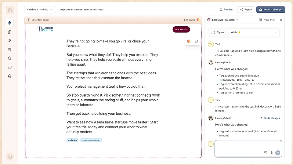 Edit styles of the tags in the LandingRabbit page editor