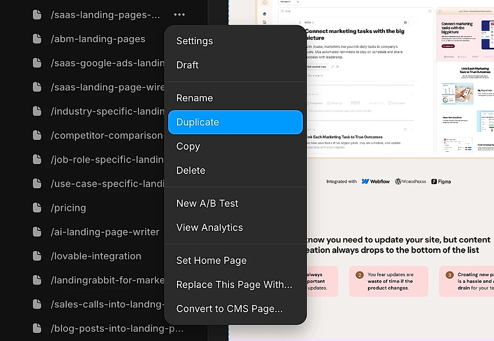 Screenshot of Framer page editor menu showing options like Duplicate, Copy, Delete, and A/B Test for landing pages.