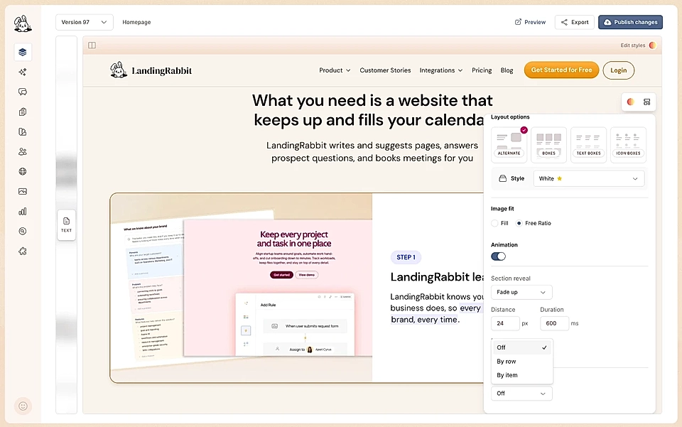 Turn on Animation for a section and reveal items row by row or one at a time when users scroll the page