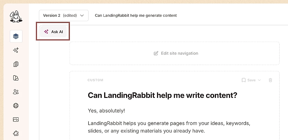LandingRabbit page editor and the 'Ask AI' button