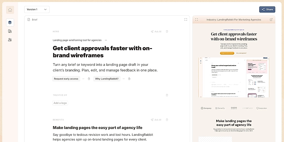 Landing page editor and page preview 