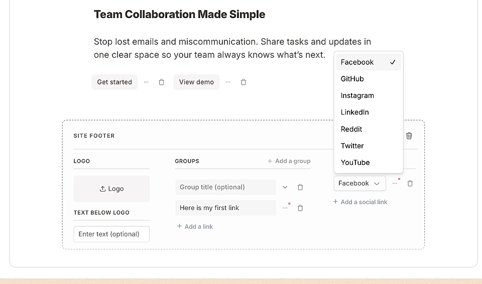 LandingRabbit site footer editing tools, including sections for logo, groups, social links, and text input.