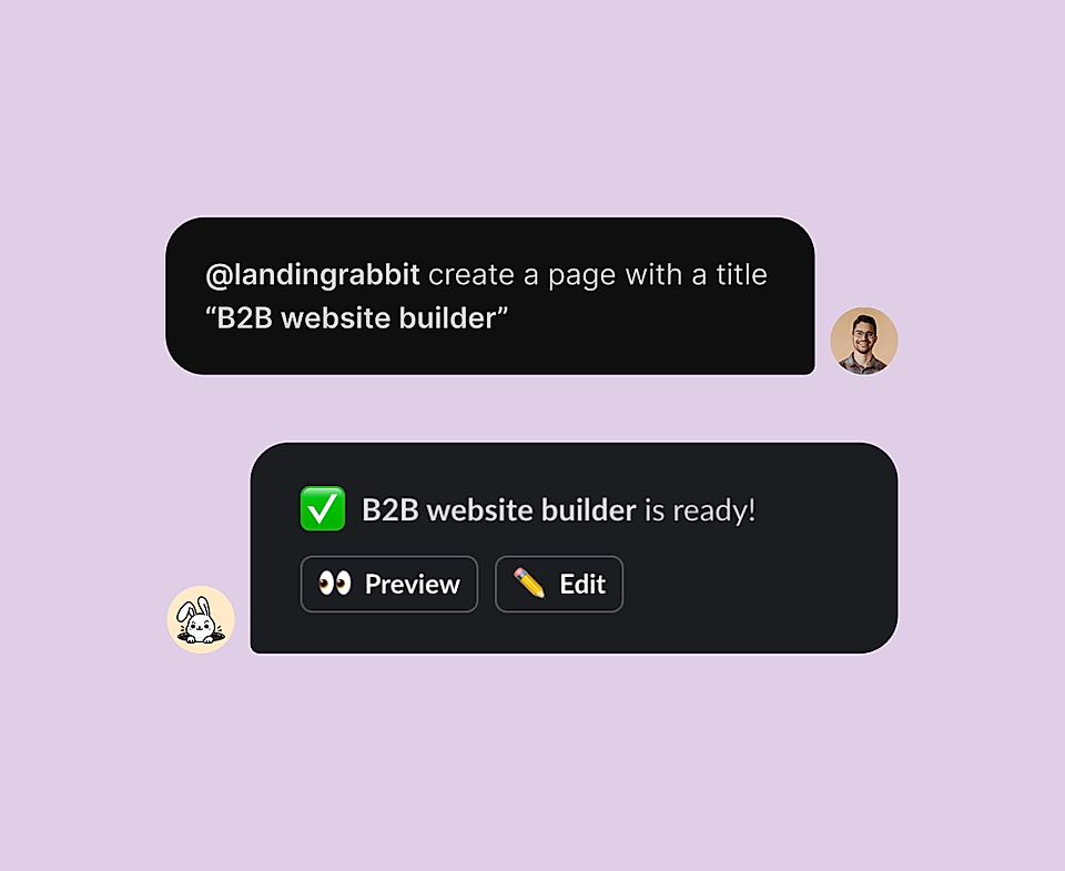 Chat interface showing a user requesting a 'B2B website builder' page, with confirmation of completion below.
