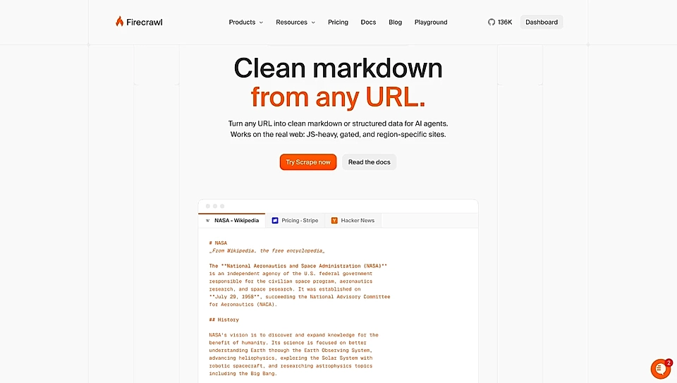 Firecrawl's “Clean markdown from any URL” tool