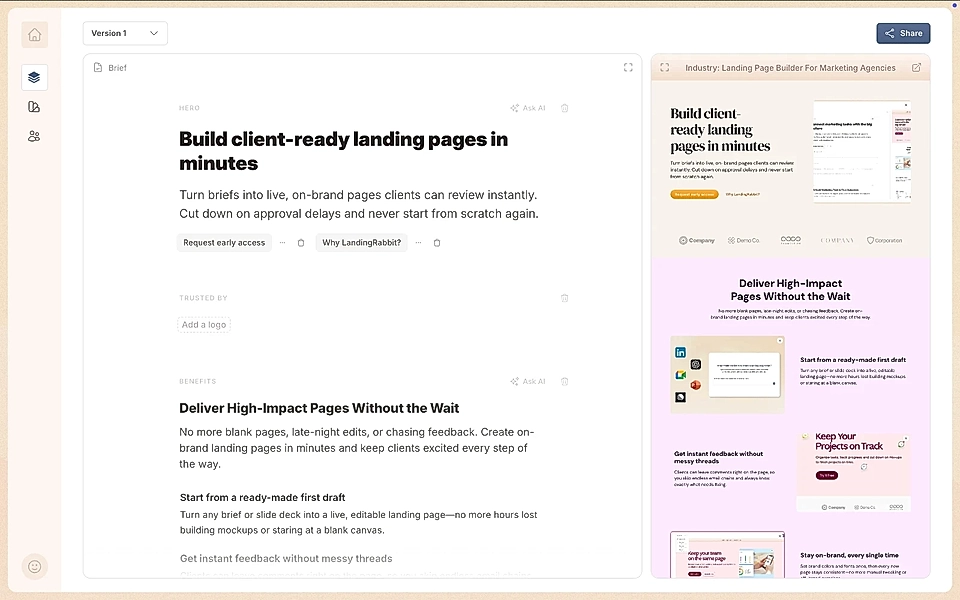 A landing page text editor with on-brand page preview