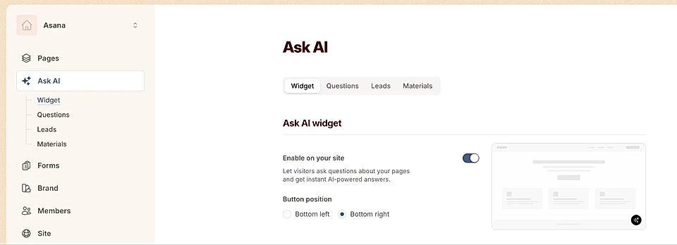 Ask AI widget settings page and how to enable it