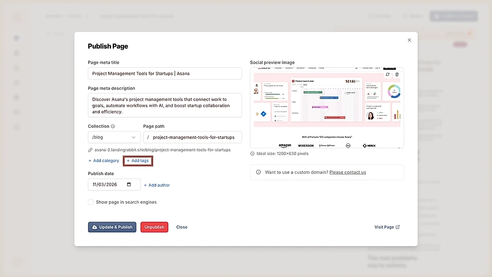 Screenshot of LandingRabbit publish dialog with fields for meta title, description, tags, and publish date.