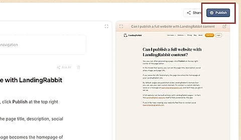 A screenshot showing the 'Publish' button in LandingRabbit page editor