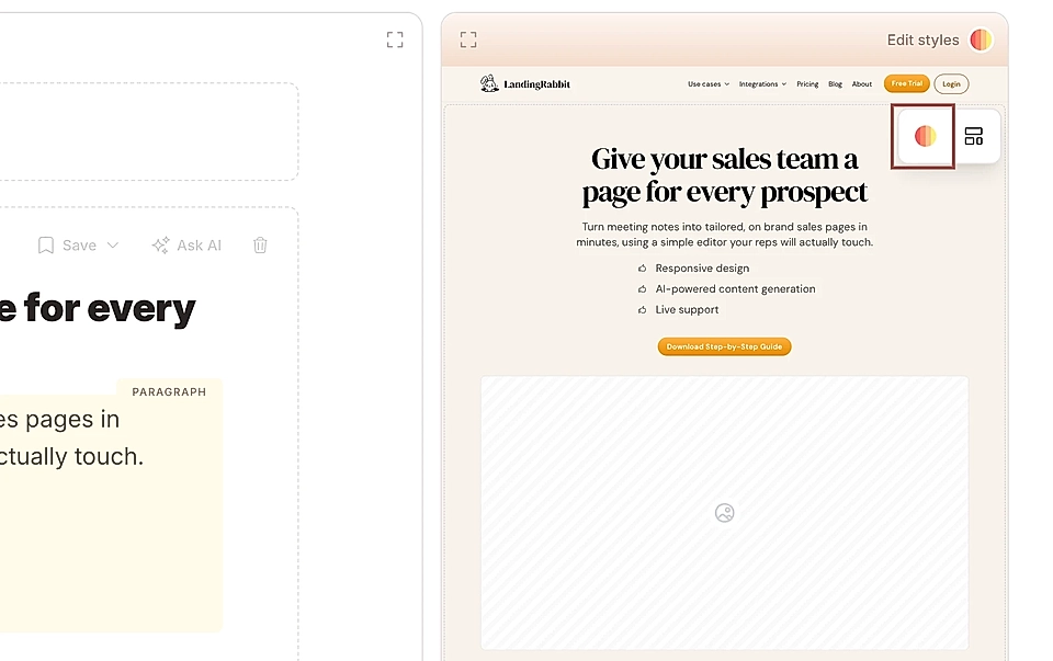 Screenshot of LandingRabbit's editor interface showing a sales page template and options for styling and saving.