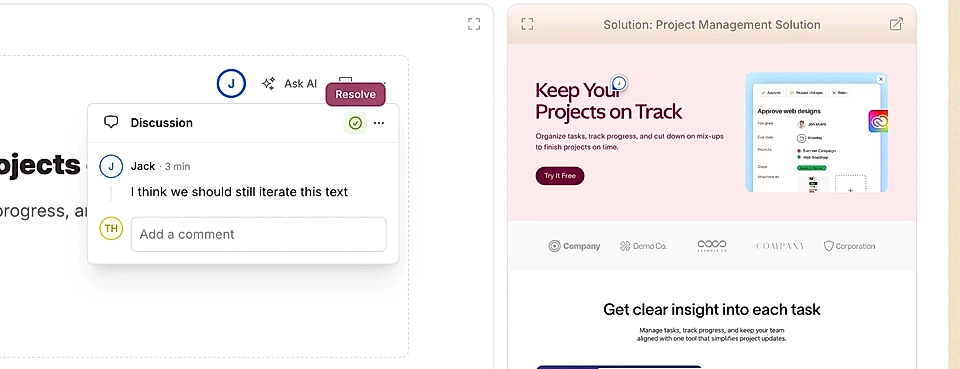 An example page with comments and feedback on design and text and marking comments resolved