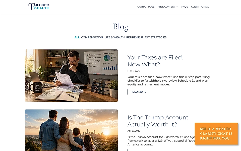 Screenshot of Tailored Wealth blog page with article listings, navigation, and finance-themed images