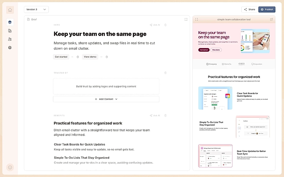 LandingRabbit page editor with a live preview