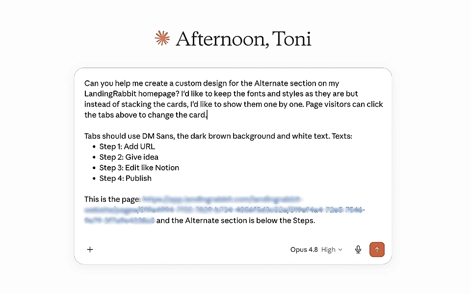 Claude chat interface showing a prompt to redesign a LandingRabbit homepage alternate section with tabbed step cards.