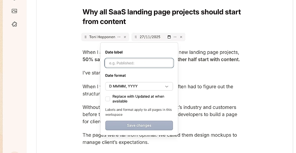 LandingRabbit's date format and date label settings in a blog article editor