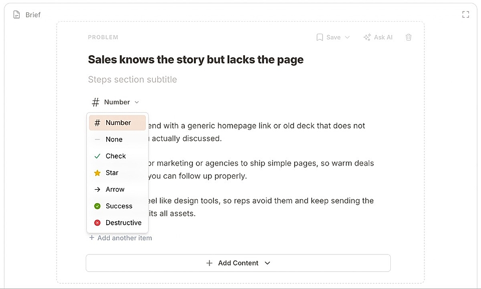 Screenshot of LandingRabbit's list formatting options for steps.