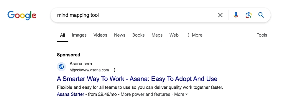 A Google Ad copy text example with a bad message match