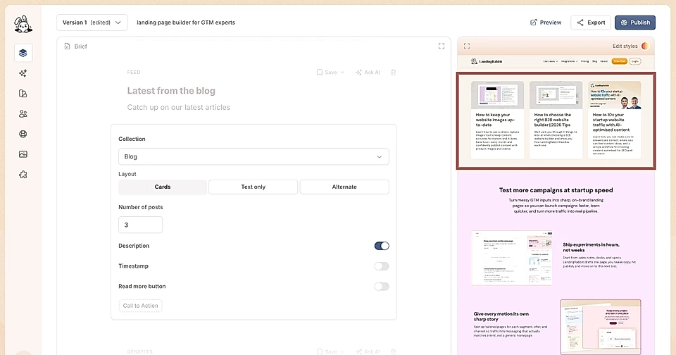 Screenshot of LandingRabbit page editor interface displaying blog feed options and a preview of latest articles.