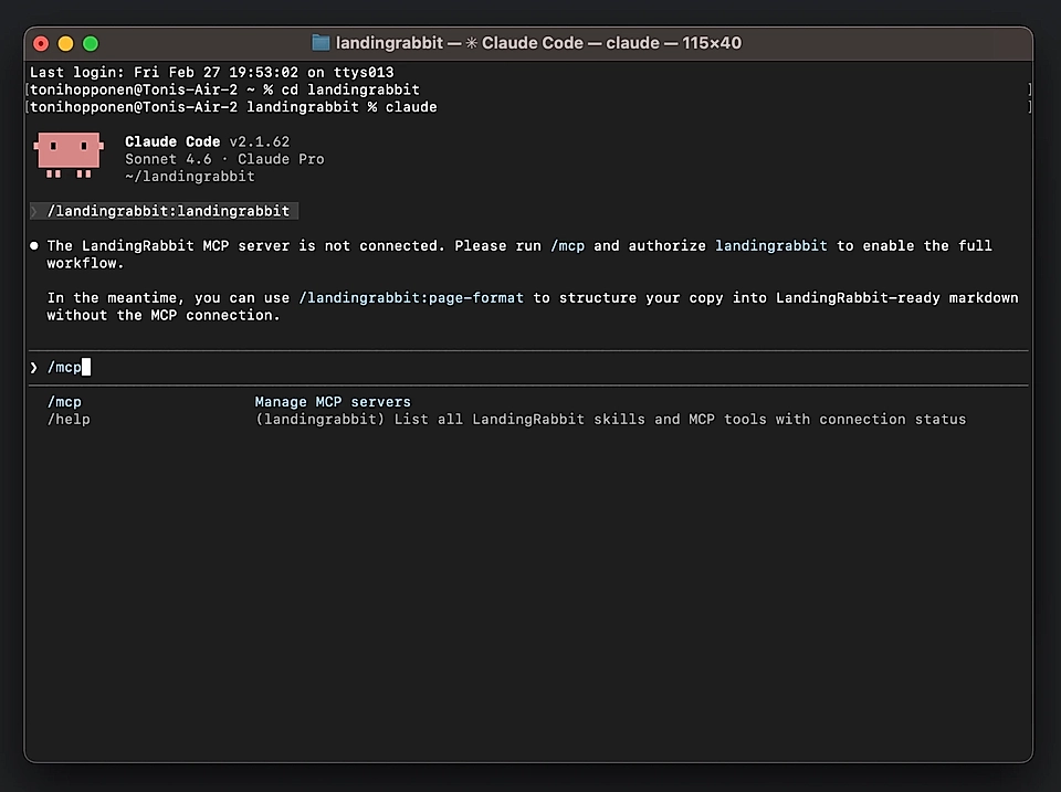 Screenshot of a terminal window displaying Claude Code with a message about LandingRabbit MCP server connection status.
