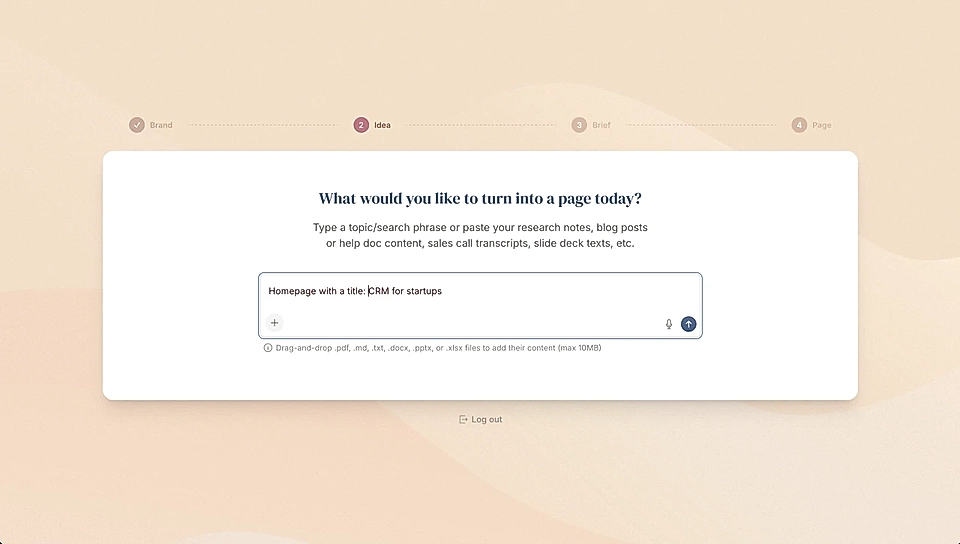 Screenshot of LandingRabbit interface asking users for input on creating a page, featuring fields for topic entry and file uploads.