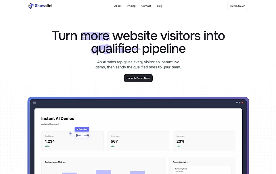 Showdini landing page with headline, CTA button, and image