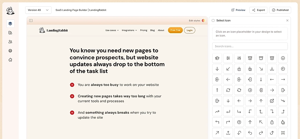 Screenshot of LandingRabbit's landing page builder interface with a search for more than 6000+ icons