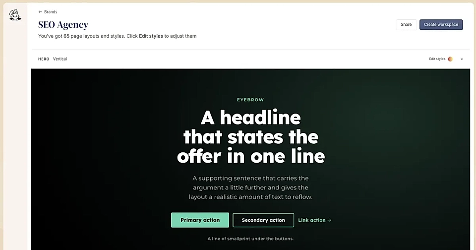 Website builder dashboard showing an SEO agency hero section with headline and action buttons